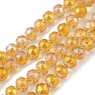 Transparent Electroplate Glass Beads Strands, Faceted, Round, Half Rainbow Plated, Orange, 9~10x9~9.5mm, Hole: 1.4mm, about 54~60pcs/strand, 18.90~21.65 inch(48~55cm)(EGLA-F154-HR02)