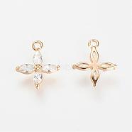 Real 18K Gold Plated Brass Cubic Zirconia Charms, Flower, Nickel Free, Golden, 12x9.5x2mm, Hole: 1mm(KK-R037-157G)