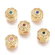 Brass Micro Pave Cubic Zirconia Beads, Hexagon with Flower, Real 18K Gold Plated, Mixed Color, 9.3x9.5x7mm, Hole: 2.7mm(KK-P187-24-G)