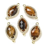 Natural Tiger Eye Faceted Horse Eye Connector Charms, Rack Plating Brass Micro Pave Clear Cubic Zirconia Links, Golden, 26.5~27x14x5mm, Hole: 1.6mm(G-G181-07G-07)