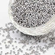 8/0 Grade A Round Glass Seed Beads, Metallic Colours, Silver, 8/0, 3x2mm, Hole: 1mm, about 10000pcs/bag(SEED-Q008-3mm-F8701)