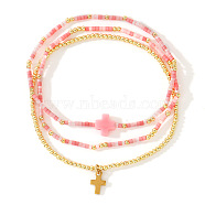 Minimalist Glass Seed Beads Stretch Bracelet Sets, Cross Brass Charm Bracelets for Women, Pink, Inner Diameter: 6-1/2 inch(16.5cm)(QH6334-5)