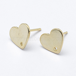 Brass Stud Earring Findings, with Loop and Flat Plate, Steel Pins, Long-Lasting Plated, Nickel Free, Heart, Real 18K Gold Plated, Heart: 9.5x11x1mm, Hole: 1mm, Pin: 0.8mm(KK-F728-34G)