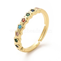 Colorful Cubic Zirconia Star Adjustable Ring, Brass Jewelry for Women, Real 18K Gold Plated, US Size 7 1/4(17.5mm)(KK-H439-17G)