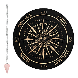 CRASPIRE 1Pc Cone/Spike/Pendulum Natural Rose Quartz Stone Pendants, 1Pc 304 Stainless Steel Cable Chain Necklaces, 1Pc PVC Custom Pendulum Board, Dowsing Divination Board, Sun Pattern, 3pcs/set(DIY-CP0007-74F)