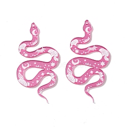 Opaque Acrylic Pendants, Snake with Flower and Moon Pattern Charms, Hot Pink, 48.5x25x1.5mm, Hole: 1.2mm(SACR-G023-B01)