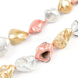 Electroplated Natural Freshwater Shell Beads Strands, Dyed, Nuggets, Pink, 13~22x10~16x8~11mm, Hole: 1mm, about 20~23pcs/strand, 15.16 inch~15.35 inch(38.5~39cm)(SHEL-R113-01H)