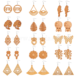 ANATTASOUL 15 Pairs 15 Style Natural Wood Dangle Earrings, Platinum Tone Iron Jewelry for Women, Mixed Shapes, 60~90mm, Pin: 0.6mm, 1 pair/style(EJEW-AN0003-19)