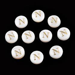 Natural Freshwater Shell Beads, with Golden Plated Brass Etched Metal Embellishments, Flat Round with Letter, Letter N, 7.5~8x4~5mm, Hole: 0.8mm(SHEL-N036-01N)