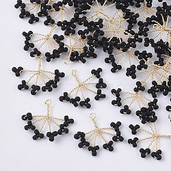 Glass Seed Beads Wire Wrapped Pendants, with Golden Plated Brass Wires, Tree, Black, 15~16x18~21x2~3mm, Hole: 1.2mm(FIND-S321-06A)