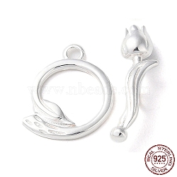 925 Sterling Silver Toggle Clasps, Long-Lasting Plated, Flower with 925 Stamp, Silver, Ring: 14x12x1mm, Hole: 1.5mm, Flower: 17.5x4.5x5.5mm, Hole: 1.4mm(STER-D005-08S)