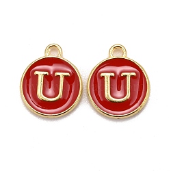 Golden Plated Alloy Enamel Charms, Cadmium Free & Lead Free, Enamelled Sequins, Flat Round, Red, Letter.U, 14x12x2mm, Hole: 1.5mm(ENAM-S118-03U)