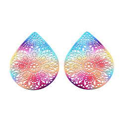 430 Stainless Steel Filigree Pendants, Spray Painted, Etched Metal Embellishments, Teardrop, Colorful, 40x27x0.5mm, Hole: 0.8mm(X1-STAS-TAC0004-022)