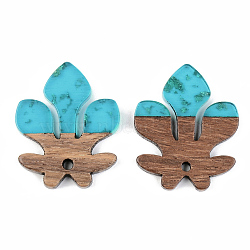 Transparent Resin & Walnut Wood Pendants, with Gold Foil, Fleur De Lis, Dark Turquoise, 28x23x3mm, Hole: 2mm(RESI-S389-051B-B03)