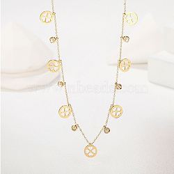 Stainless Steel Clover Bib Necklace, with Cubic Zirconia, Golden, 18.50 inch(47cm)(QC7472-1)