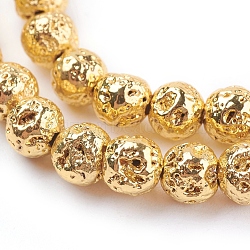 Electroplated Natural Lava Rock Bead Strands, Round, Bumpy, Golden Plated, 6~7mm, Hole: 1mm, about 66pcs/strand, 15.35 inch(39cm)(G-E429-01-6mm-G)