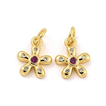 Brass Micro Pave Cubic Zirconia Pendants, Real 18K Gold Plated, Flower, Purple, 11.5x9.5x2.5mm, Hole: 3mm