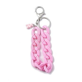 Acrylic Curb Chain Keychain, with Resin Bear Charm and Alloy Split Key Rings, Pearl Pink, 17.7~18cm