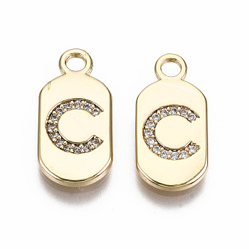 Brass Micro Pave Clear Cubic Zirconia Pendants, Nickel Free, Real 18K Gold Plated, Oval with Word, Letter.C, 16x7.5x1.5mm, Hole: 1.8mm
