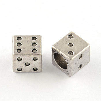 Tibetan Style Alloy European Beads, Dice, Large Hole Beads, Cadmium Free & Lead Free, Antique Silver, 7.5x7x7mm, Hole: 5mm