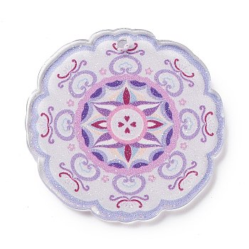 Acrylic Pendants, Round with Flower, Purple, 35x35x2mm, Hole: 2mm