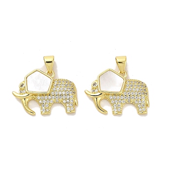 Brass Micro Pave Clear Cubic Zirconia Pendants, with Shell, Real 18K Gold Plated, Elephant, 16x22x3.5mm, Hole: 5x4mm