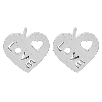 304 Stainless Steel Stud Earrings, Heart, Stainless Steel Color, 8x9mm