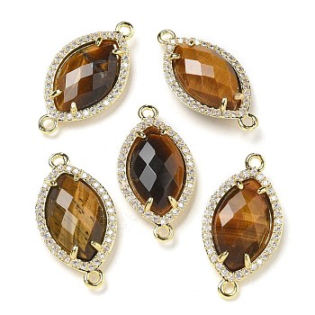 Natural Tiger Eye Faceted Horse Eye Connector Charms, Rack Plating Brass Micro Pave Clear Cubic Zirconia Links, Golden, 26.5~27x14x5mm, Hole: 1.6mm