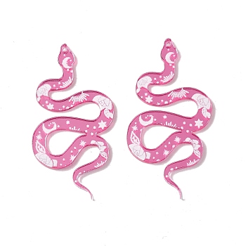 Opaque Acrylic Pendants, Snake with Flower and Moon Pattern Charms, Hot Pink, 48.5x25x1.5mm, Hole: 1.2mm
