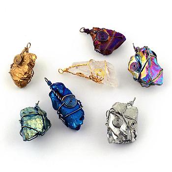 Electroplate Natural Crystal Pendants, with Iron Wires, Wrap Pendants, Mixed Shaped, Mixed Metal Color, Mixed Color, 35~46x18~25x14~20mm, Hole: 3mm