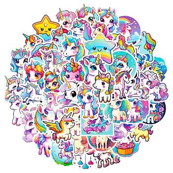 PVC Self Adhesive Cartoon Stickers, Waterproof Unicorn Decals, for Kid's Art Craft, Children's Little Fingers, Mixed Color, 80x80x12mm, 50pcs/set