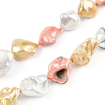 Electroplated Natural Freshwater Shell Beads Strands, Dyed, Nuggets, Pink, 13~22x10~16x8~11mm, Hole: 1mm, about 20~23pcs/strand, 15.16 inch~15.35 inch(38.5~39cm)