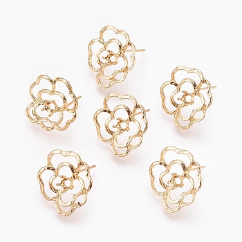 Brass Ear Stud Findings, Nickel Free, Real 18K Gold Plated, Flower, 19x17mm, Pin: 0.5mm