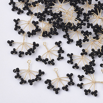 Glass Seed Beads Wire Wrapped Pendants, with Golden Plated Brass Wires, Tree, Black, 15~16x18~21x2~3mm, Hole: 1.2mm