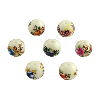 Flower Picture Glass Beads, Round, Mixed Color, 14x13mm, Hole: 1.5mm