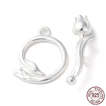 925 Sterling Silver Toggle Clasps, Long-Lasting Plated, Flower with 925 Stamp, Silver, Ring: 14x12x1mm, Hole: 1.5mm, Flower: 17.5x4.5x5.5mm, Hole: 1.4mm