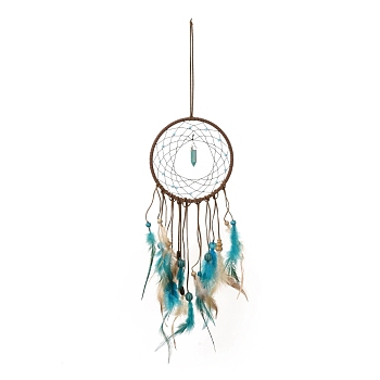 Iron Synthetic Turquoise Woven Web/Net with Feather Pendant Decorations, with Wood and Plastic Beads, Covered with Cotton Lace and Villus Cord,, Flat Round, Turquoise, 540mm