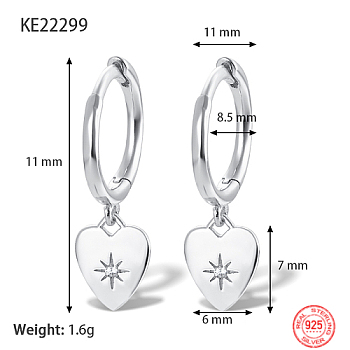Rhodium Plated Platinum 925 Sterling Silver Dangle Hoop Earrings for Women, Heart, 11mm