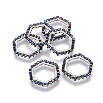 MIYUKI & TOHO Handmade Japanese Seed Beads, with 304 Stainless Steel Link Rings, Loom Pattern, Hexagon, Silver, Colorful, 15~15.5x16x1.8~2mm