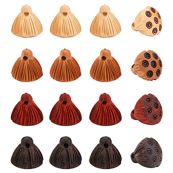 CHGCRAFT 16Pcs 4 Colors Engraved Wooden Charms, Undyed, Lotus Pod, Mixed Color, 14.5x14.5~15mm, Hole: 1.8mm, 4pcs/color