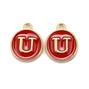 Golden Plated Alloy Enamel Charms, Cadmium Free & Lead Free, Enamelled Sequins, Flat Round, Red, Letter.U, 14x12x2mm, Hole: 1.5mm