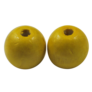 Natural Wood Beads, Dyed, Round, Yellow, about 12mm in diameter, 10.5mm thick, hole: 3mm