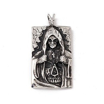 304 Stainless Steel Pendant, Rectangle with Death, Antique Silver, 58x30x7.5mm, Hole: 6.5x4mm