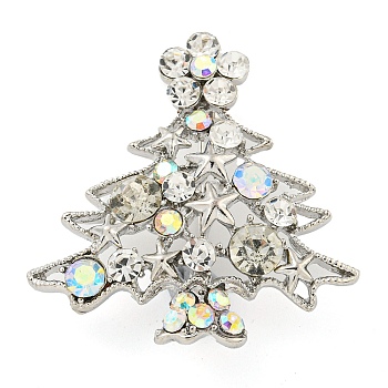 Christmas Tree Theme Zinc Alloy with Rhinestone Brooches, Enamel Pins, Antique Silver, 39x38x6mm