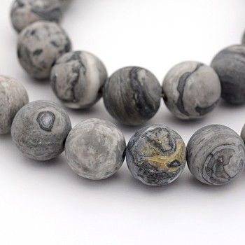Frosted Natural Map Stone/Picasso Stone/Picasso Jasper Round Bead Strands, 10mm, Hole: 1mm, about 19pcs/strand, 7.5 inch
