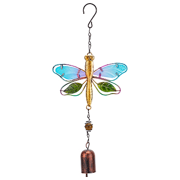 Iron Wind Chimes, Hanging Ornaments, with Glass Wing, Dragonfly, Red Copper, 360mm, 1pc/box