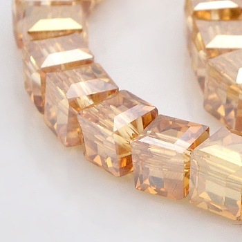 Half Rainbow Plated Glass Faceted Cube Beads Strands, Sandy Brown, 8x8x8mm, Hole: 1mm, about 72pcs/strand, 19.8 inch