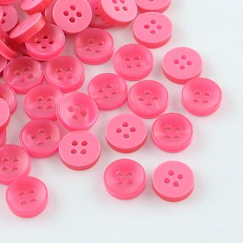 4-Hole Plastic Buttons, Flat Round, Hot Pink, 11x3mm, Hole: 1.5mm