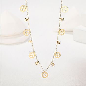 Stainless Steel Clover Bib Necklace, with Cubic Zirconia, Golden, 18.50 inch(47cm)