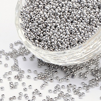 8/0 Grade A Round Glass Seed Beads, Metallic Colours, Silver, 8/0, 3x2mm, Hole: 1mm, about 10000pcs/bag